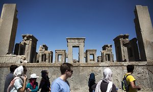 Tourists at the Tachara Palace in Persepolis.